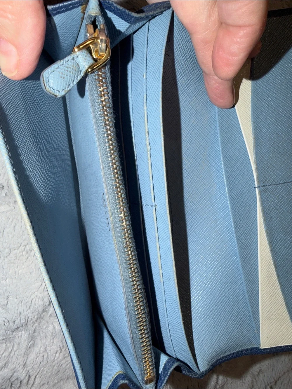 Prada Dark Blue Saffiano Leather Flap Wallet with Gold Logo